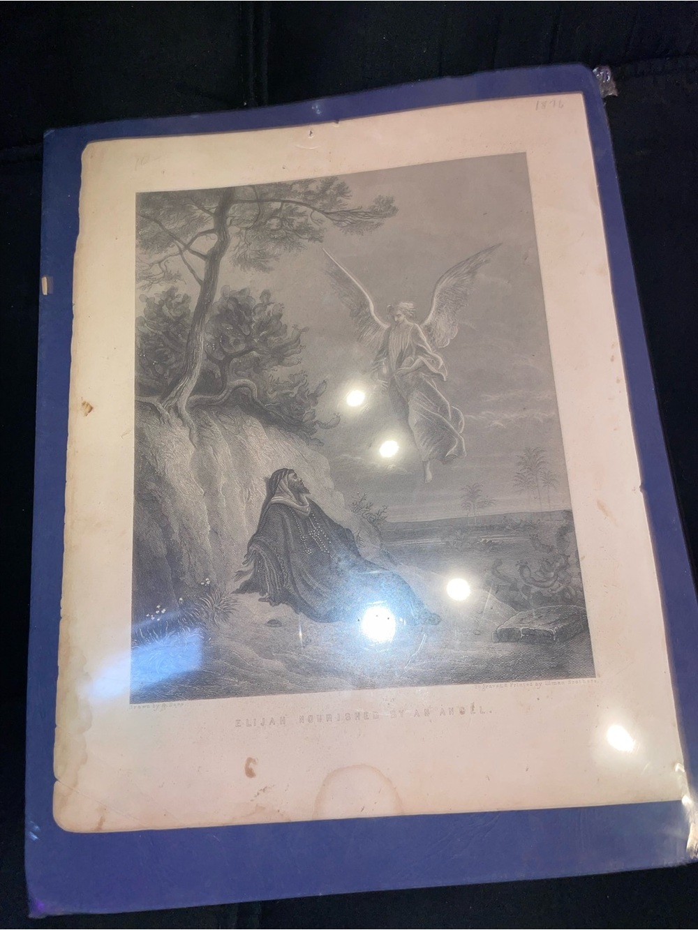 Vintage Religious Engraving Print in Blue Mat